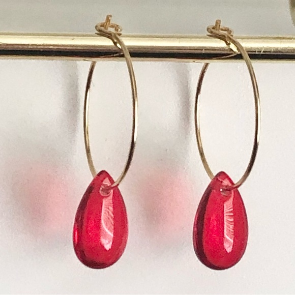 New Bright Red Pomegranate Seed Blood Drop Drip Unique Handmade Hoop Earrings - Picture 6 of 9